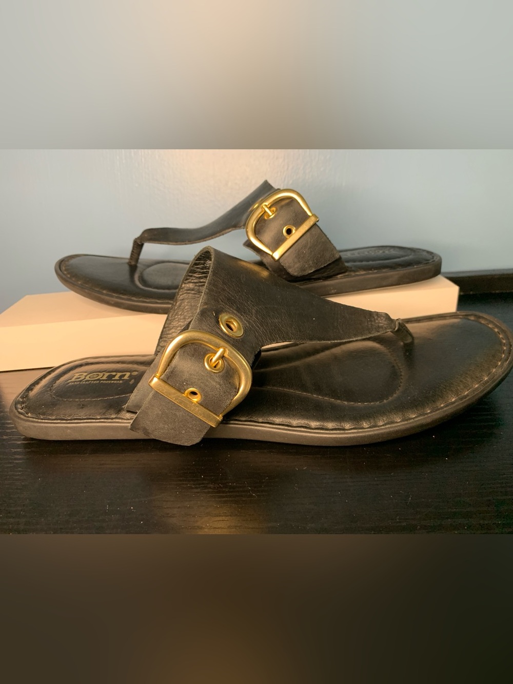 Born Black Thong Sandal with gold buckle